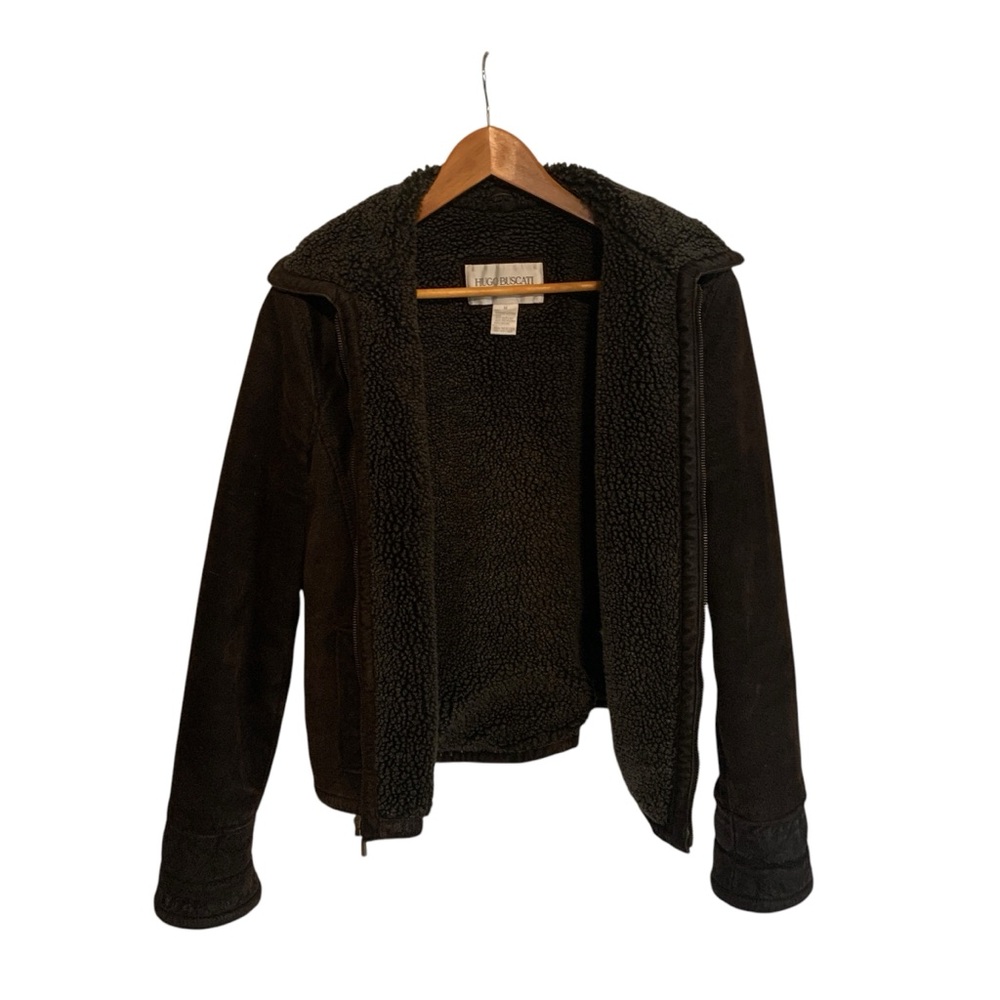 HUGO BUSCATI Collection Genuine Leather Brown Zip-Up Coat Women’s Medium